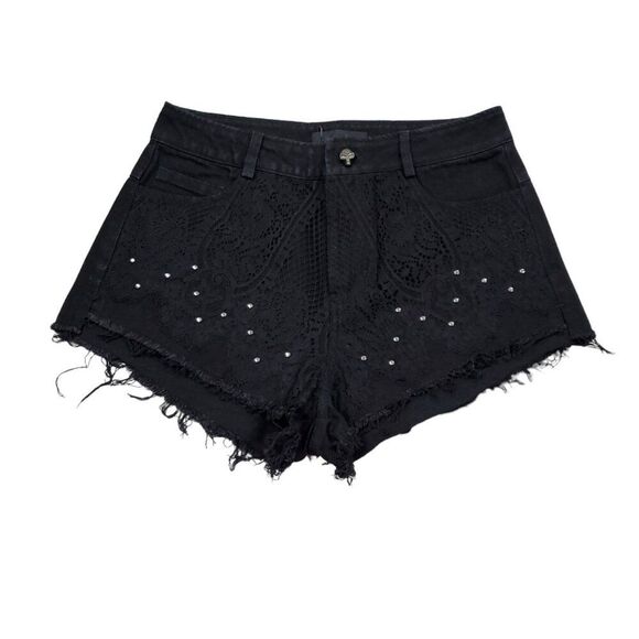 READ Punk Rave Studded Lace Overlay Black High Rise Denim Jean Shorts Cutoff - Picture 1 of 12